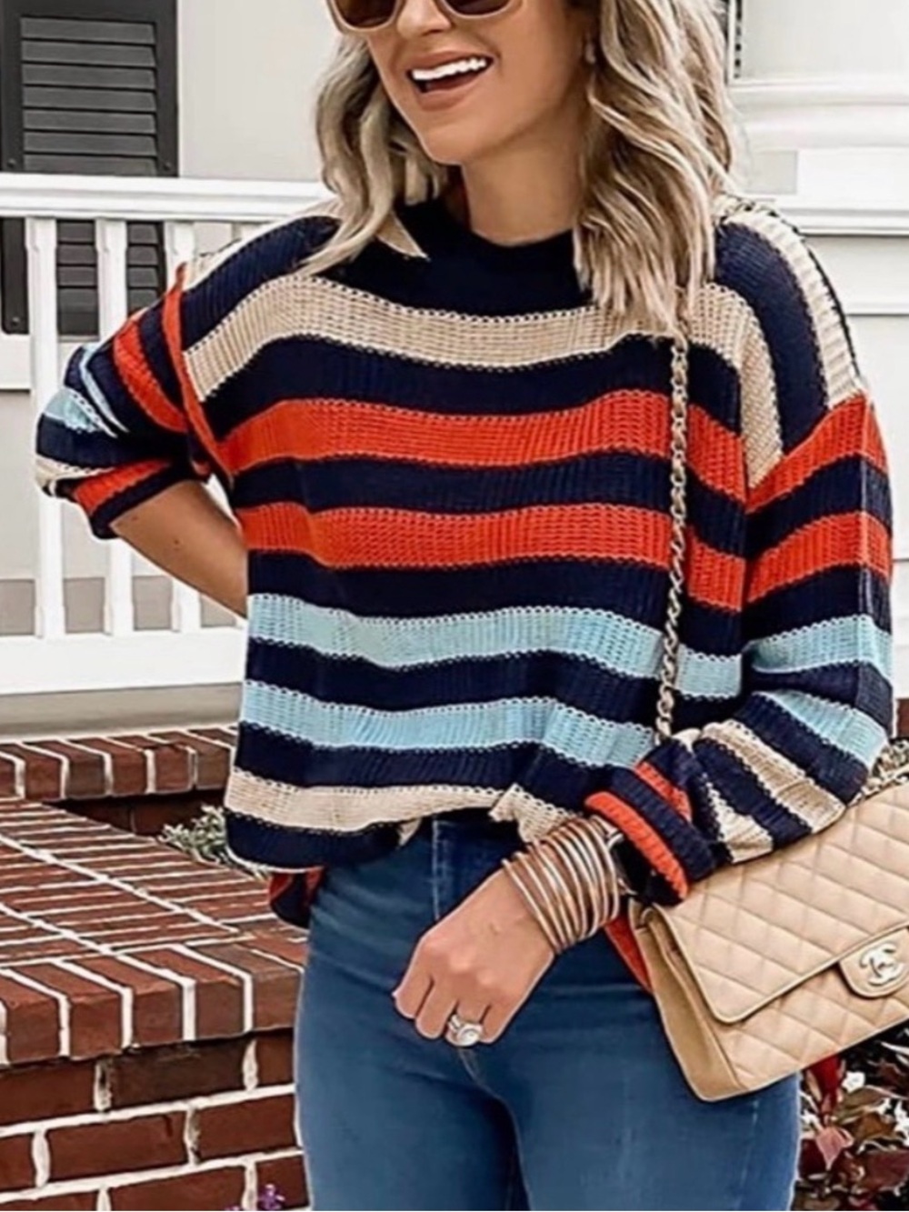 Relaxed Striped Crewneck Sweater in Navy, Red, Cream & Light Blue